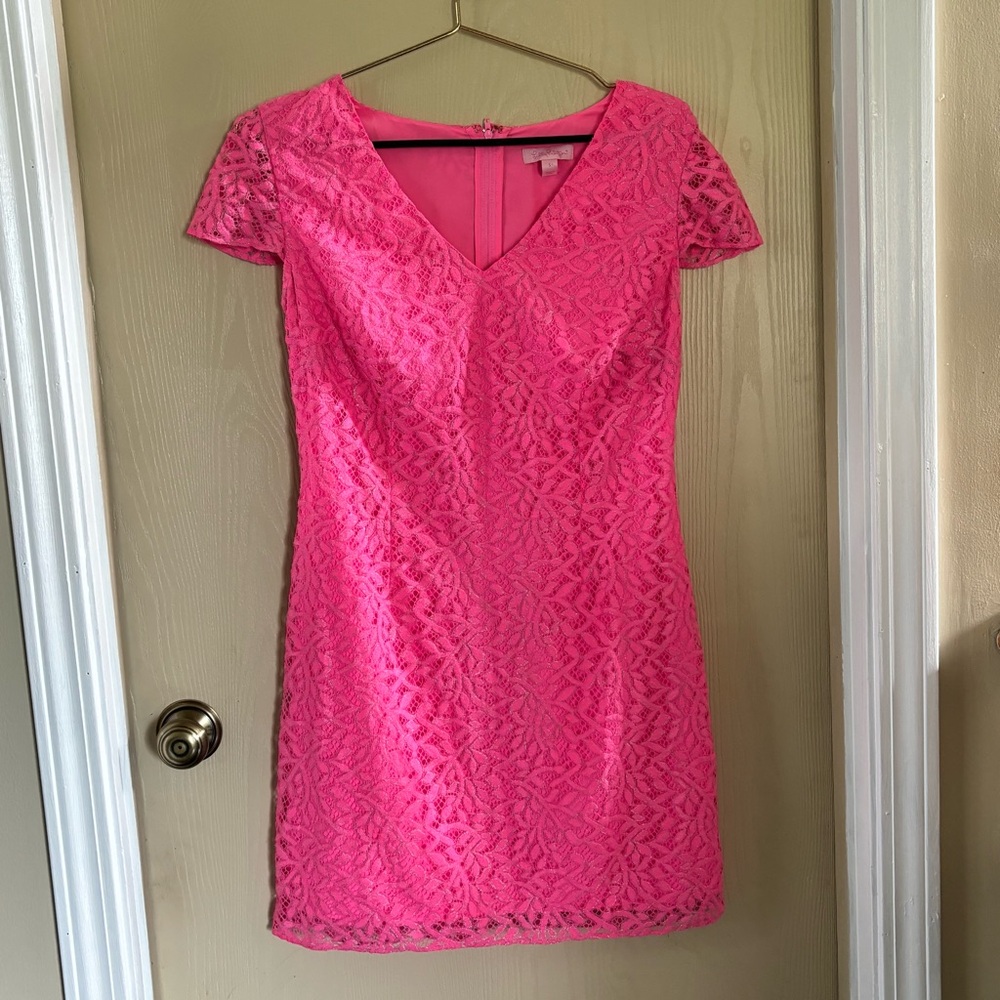 Lilly Pulitzer Erica Pink Barbiecore Metallic Lace Dress Women’s Size Small